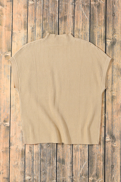 Patch Pocket Ribbed Knit Short Sleeve Sweater | Oatmeal