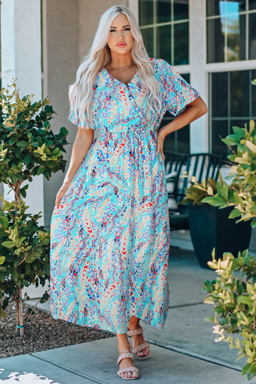 Wrap V Neck Floral Maxi Dress | Green