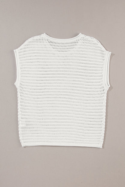 Hollow Out Knit Cap Sleeve Top | White