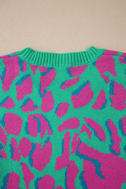 Abstract Print Ribbed Trim Baggy Sweater | Green