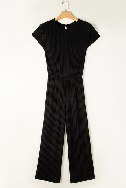 Solid Colour Ribbed Short Sleeve Wide Leg Jumpsuit | Black