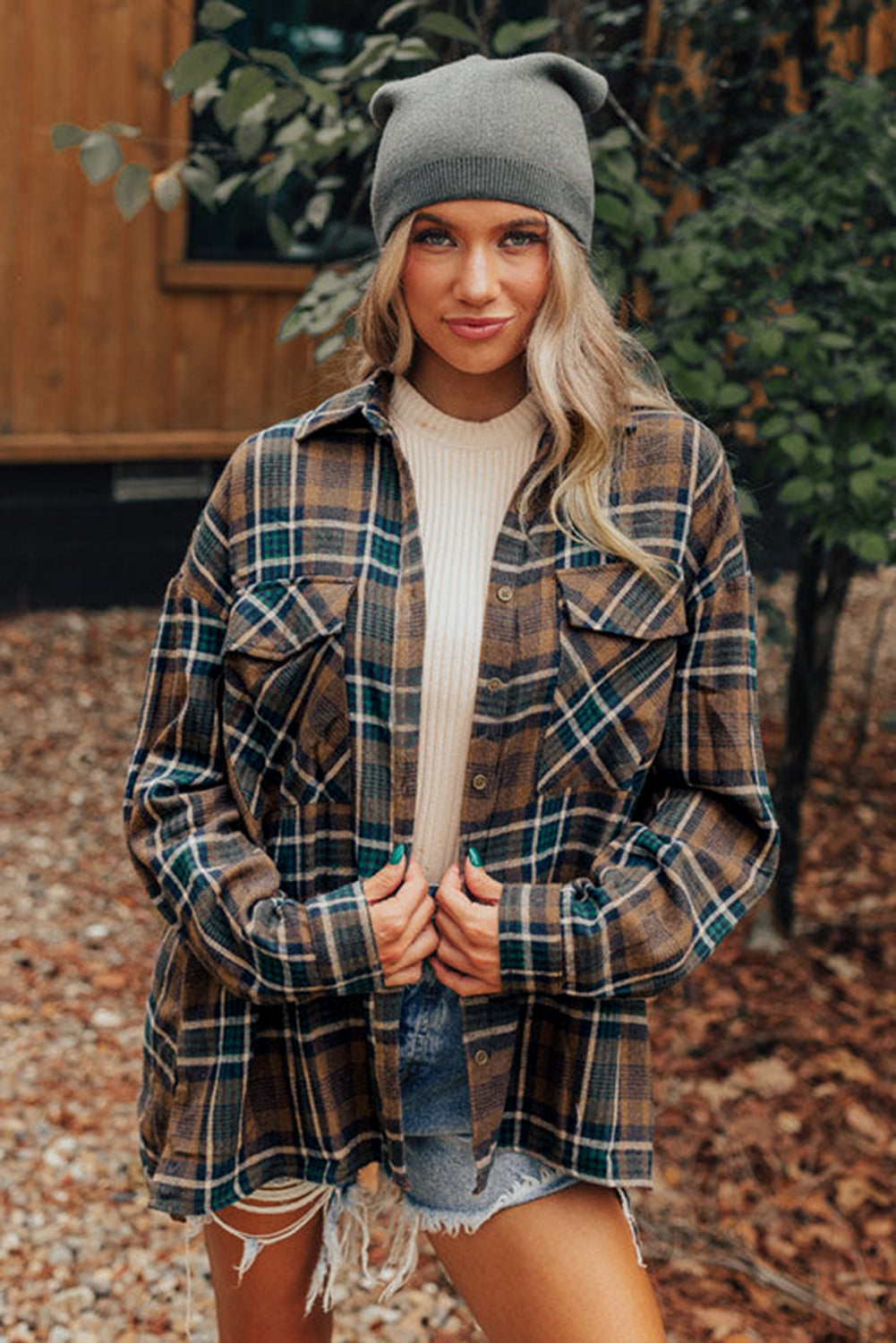 Plaid Print Chest Pockets Buttoned Shirt Jacket | Brown