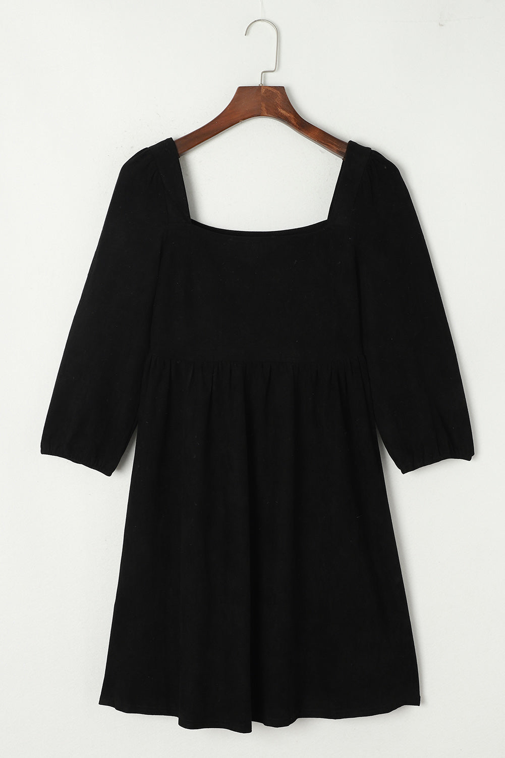 Suede Square Neck Puff Sleeve Dress | Black