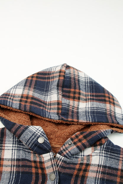 Plaid Pattern Sherpa Lined Hooded Shacket | Blue