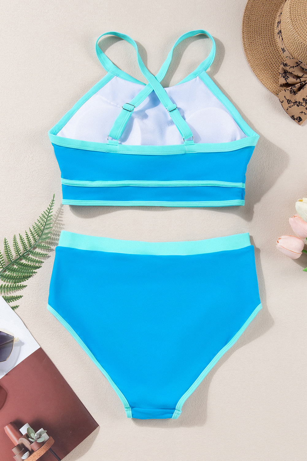 Contrast Trim Crisscross Back High Waisted Bikini | Blue