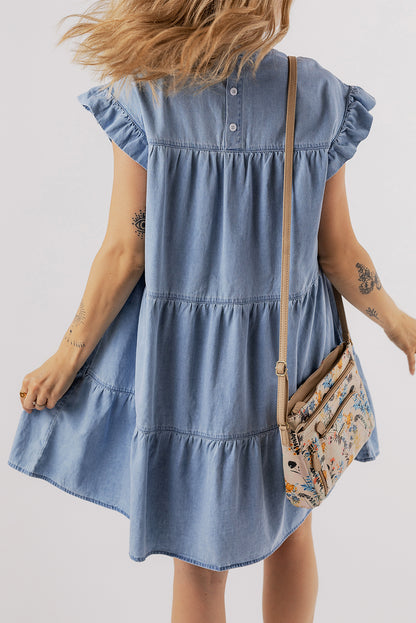 Ruffle Short Sleeve Tiered A-Line Denim Dress | Beau Blue