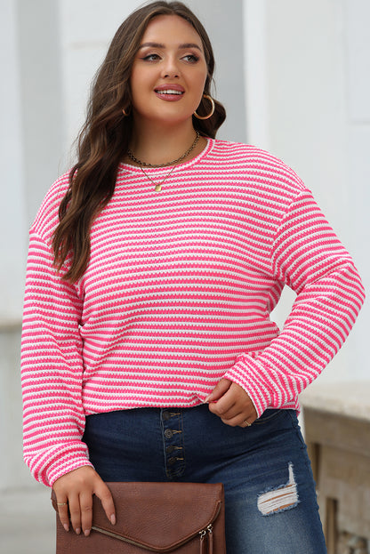 Round Neck Drop Shoulder Long Sleeve Top | Rose Stripe