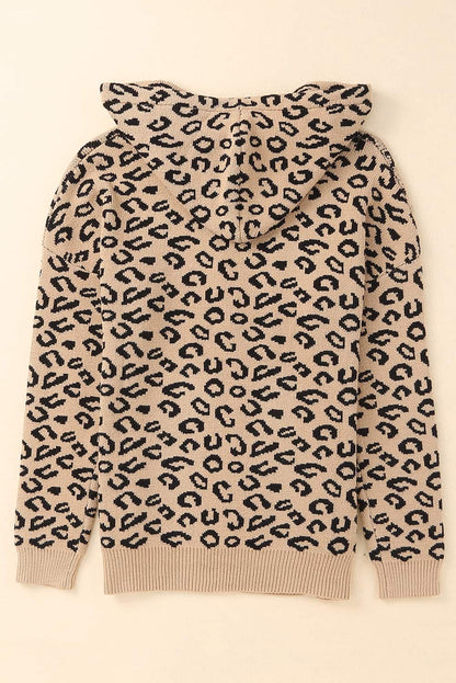 Leopard Knitted Drawstring Hooded Sweater | Khaki