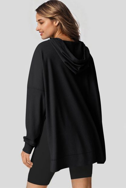 Waffle Knit Fleece Lined High Low Oversized Hoodie | Black