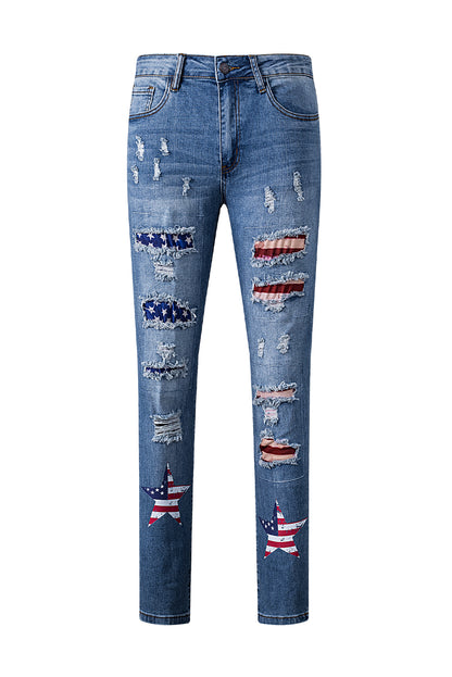 American Flag Patched Distressed Jeans | Sky Blue