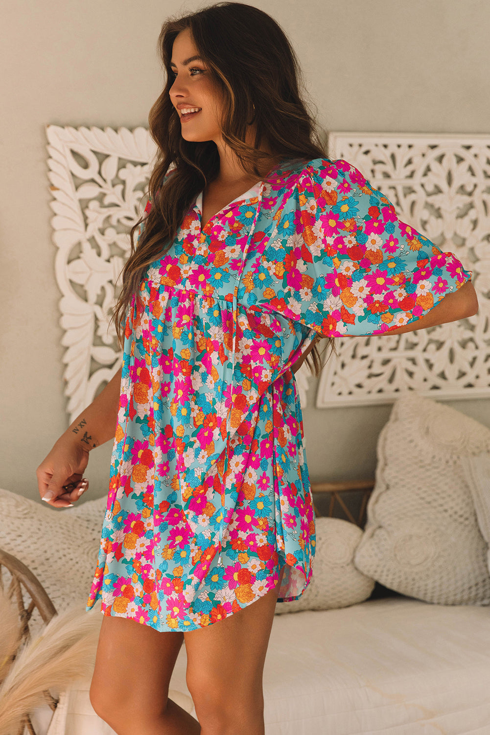 Floral Print Tie Split Neck Bubble Sleeve Babydoll Dress | Sky Blue