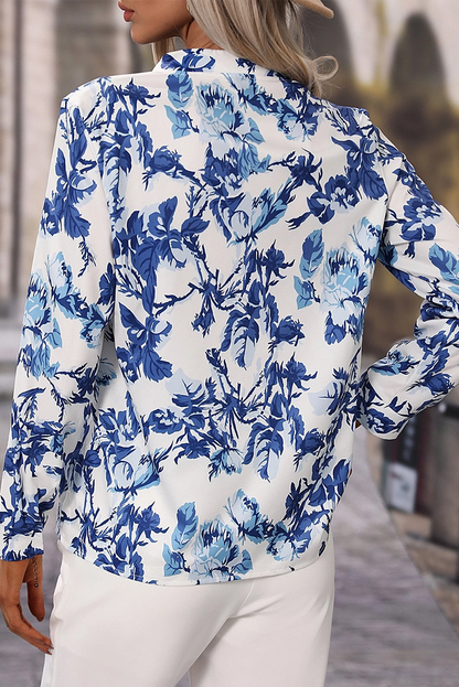 Floral Print Notched Neck Elegant Blouse | Sky Blue