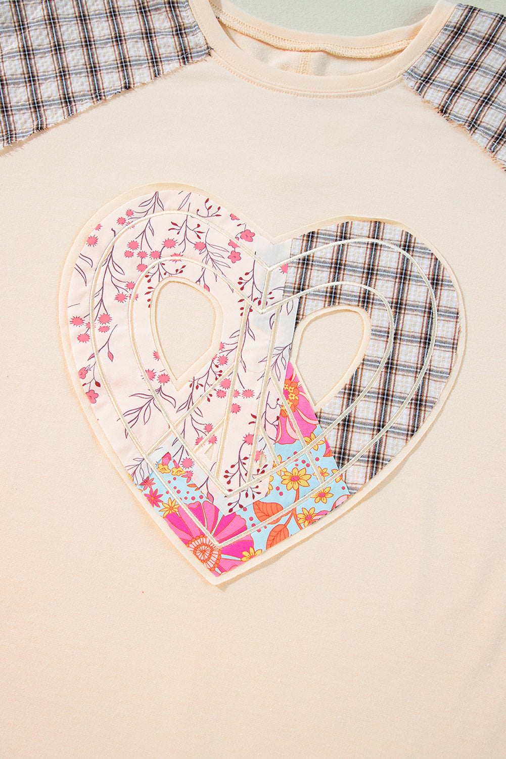 Plaid Floral Peace Heart Graphic Wide Long Sleeve Top | Beige