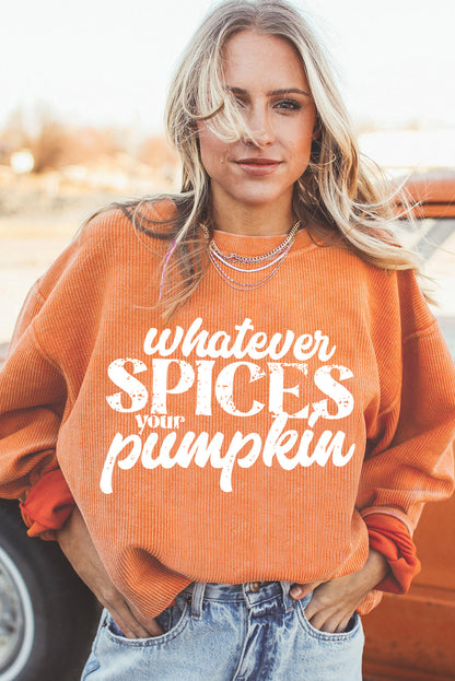 Whatever Spices Your Pumpkin Graphic Corded Pullover Sweatshirt | Orange