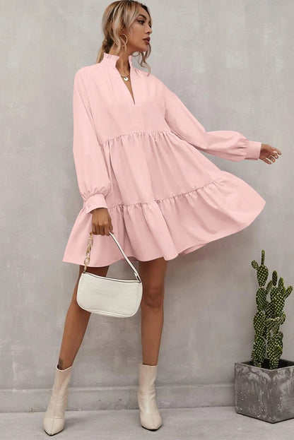 Frilled Stand Collar Long Sleeve Ruffle Dress | Pink