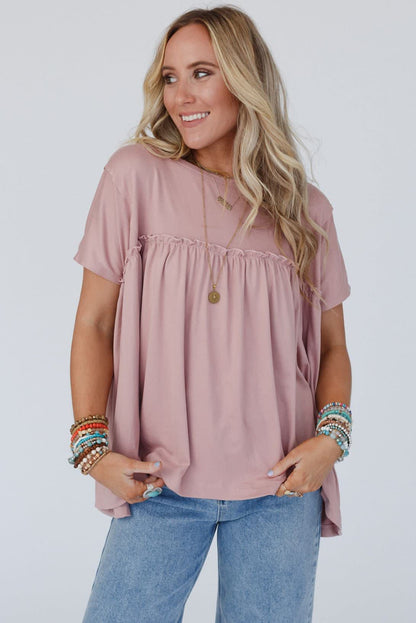 Ruffled Trim Loose Babydoll Tee | Light Pink