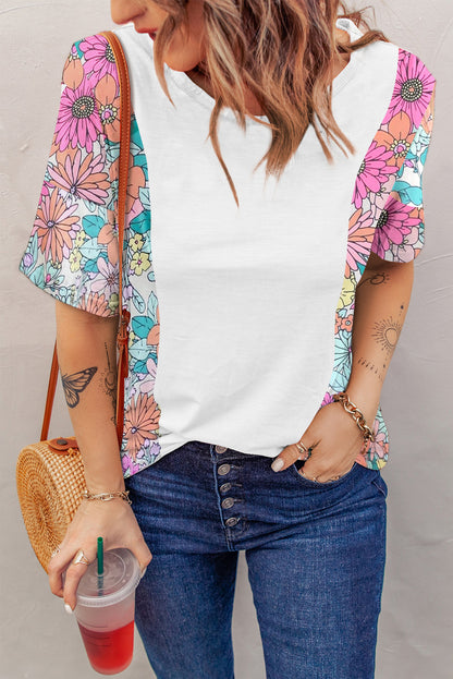 Floral Print Patchwork Short Sleeve Top | White