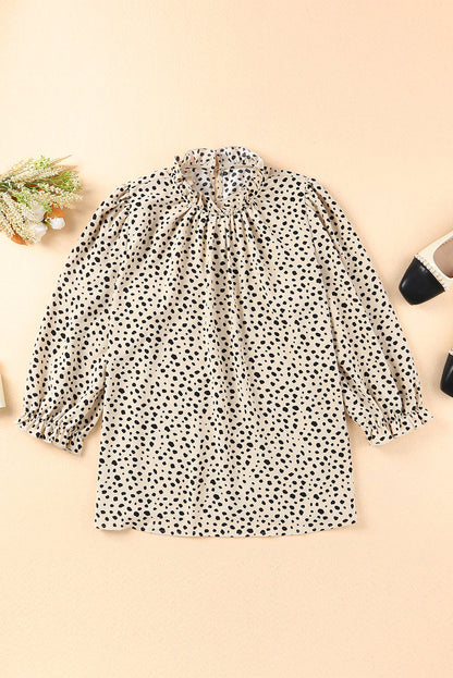 Frilled Neck 3/4 Sleeves Cheetah Blouse | Khaki