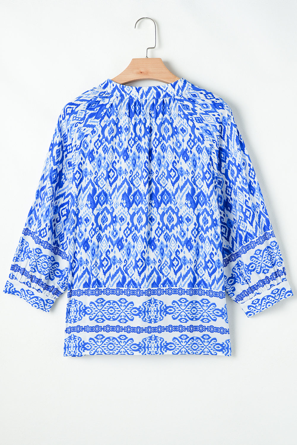 Boho Printed 3/4 Sleeve Tied Neck Blouse | Blue