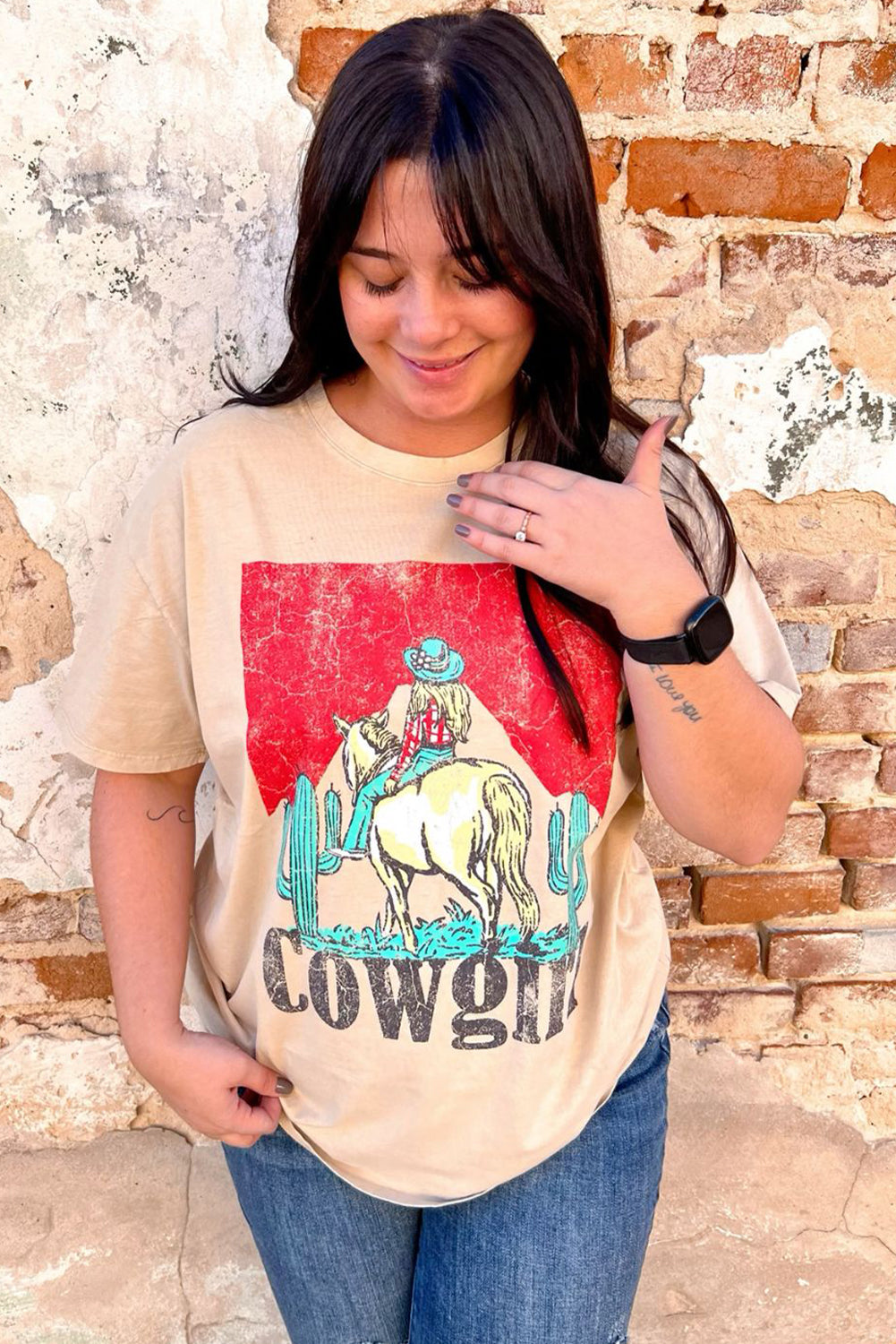 Cowgirl Rodeo Graphic Western Fashion Tee | Khaki