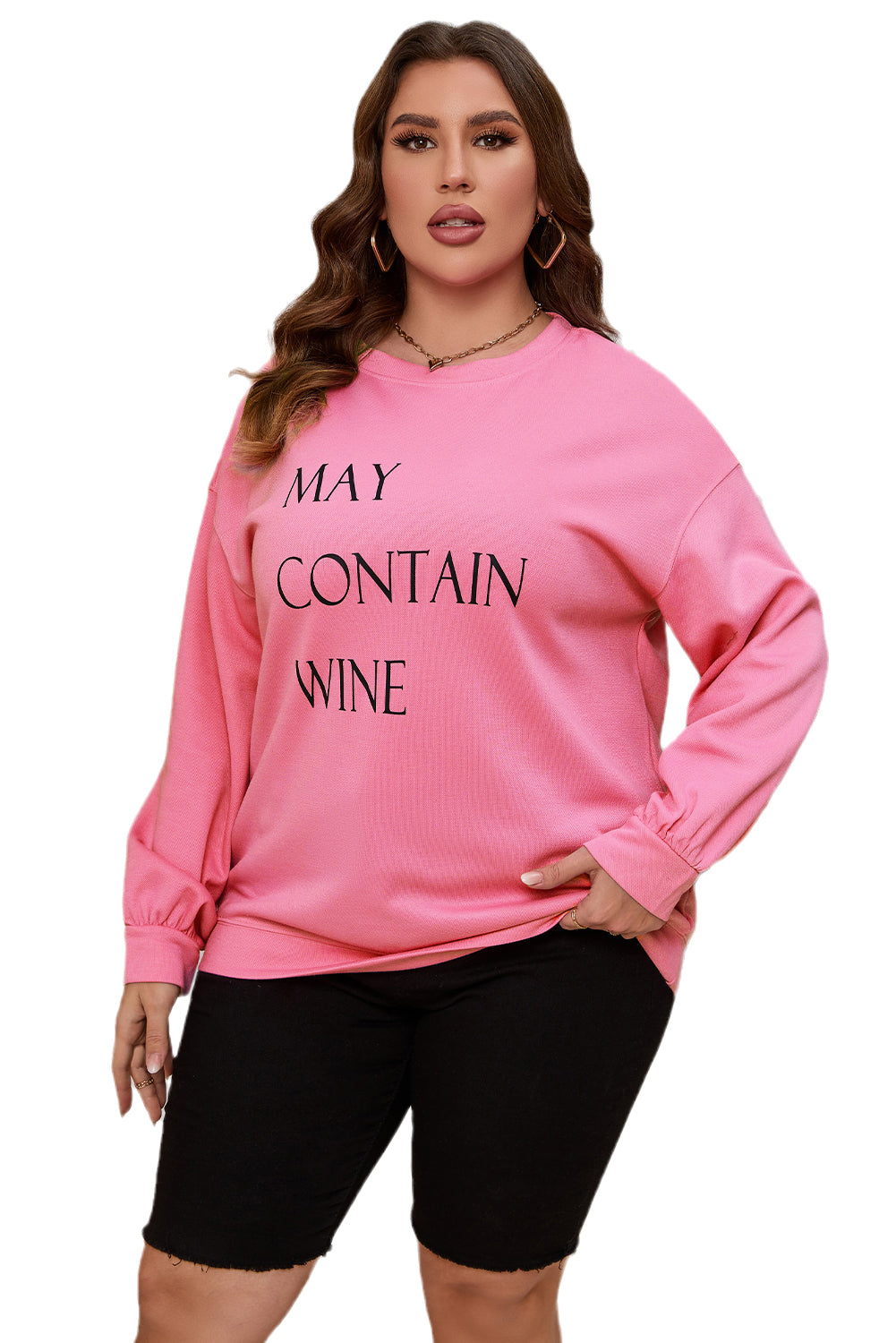 May Contain Wine Crew Neck Plus Size Sweatshirt | Pink