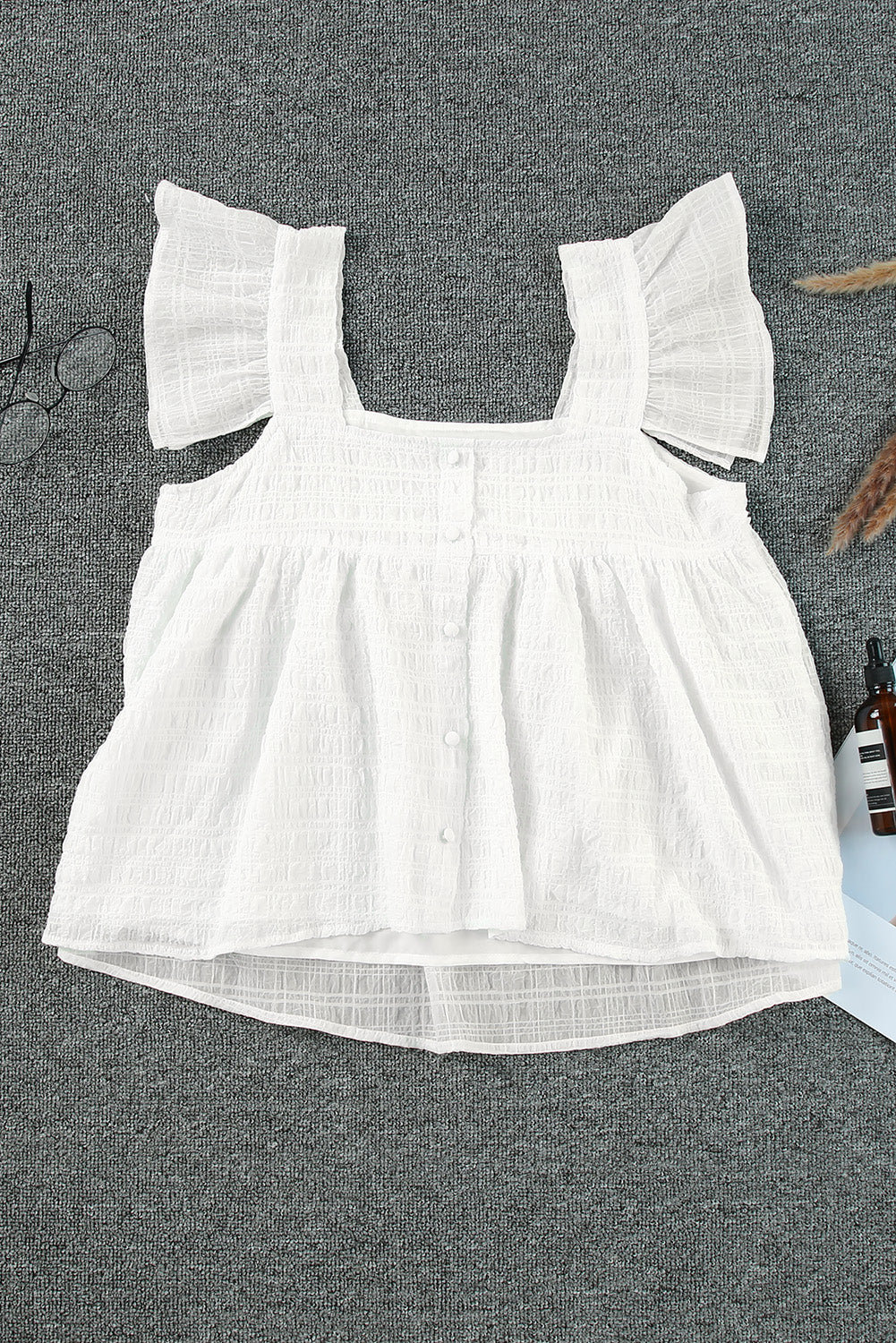 Square Neck Textured Flowy Tank Top | White