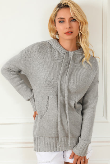 Cowl Neck Drawstring Pullover Hooded Sweater | Gray