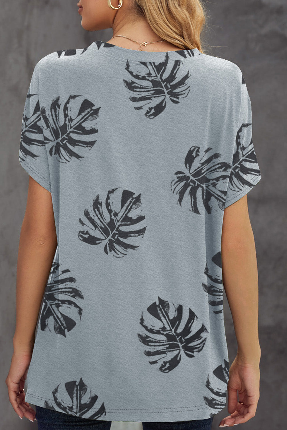 Crew Neck Tropical Plants Print T-Shirt | Gray