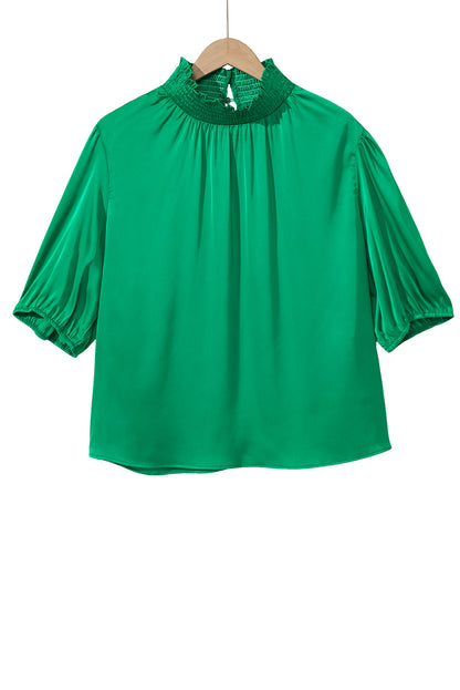 Shirred High Neck Puff Sleeve Plus Size Blouse | Sea Green