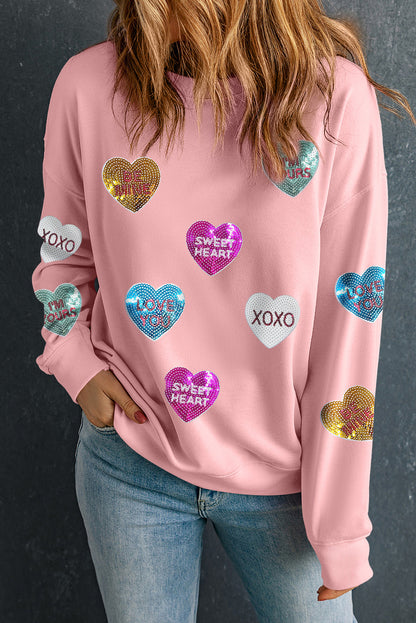 Sequin Romantic Letters Heart Graphic Valentines Sweatshirt | Pink