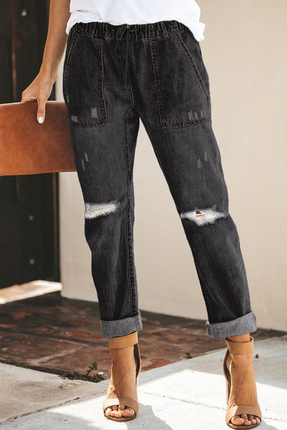 Gather Round Distressed Pocketed Denim Jogger | Black