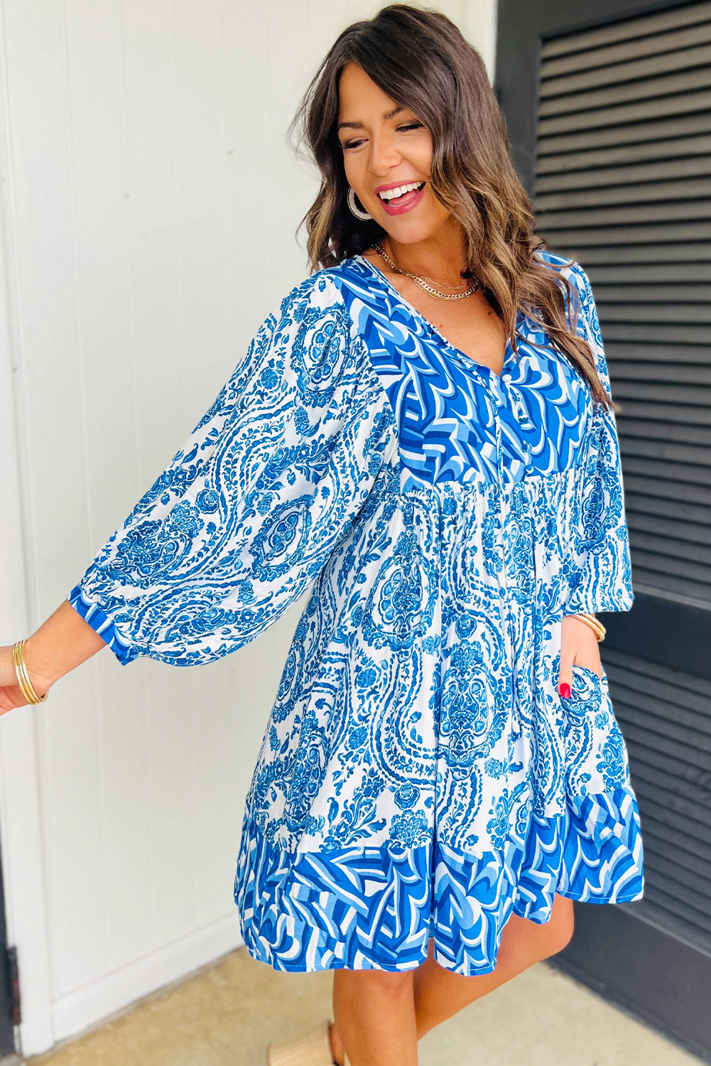 Bohemian Print Puff Sleeve Tied V Neck Flared Mini Dress | Sky Blue