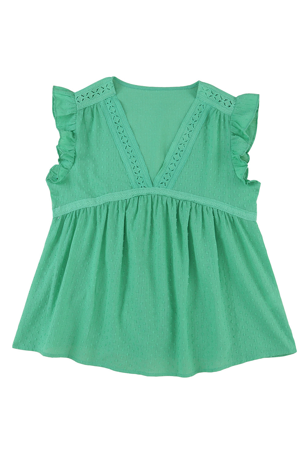 Eyelet V Neckline Ruffle Swiss Dot Top | Green