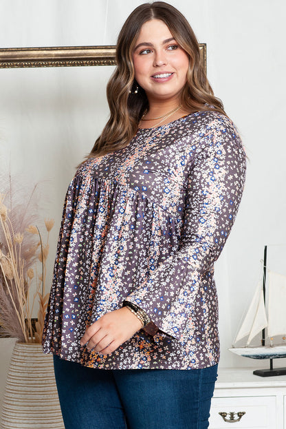 Floral Print Round Neck Plus Size Babydoll Blouse | Purple