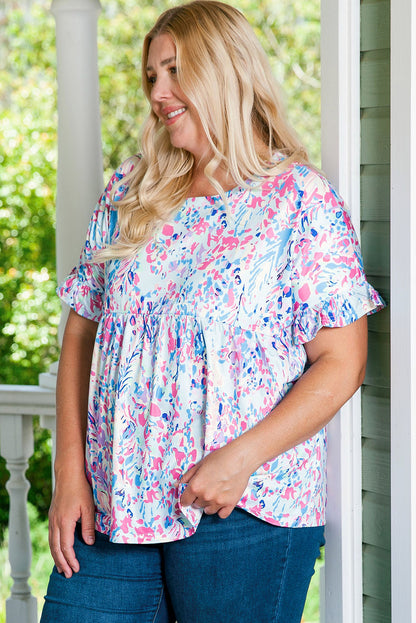 Vibrant Botanical Print Frill Short Sleeve Plus Size Top | Purple