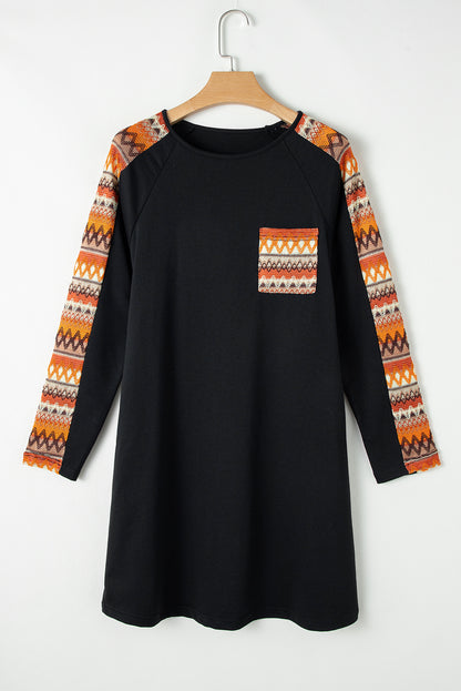 Contrast Geo Raglan Sleeve Patchwork Dress | Orange