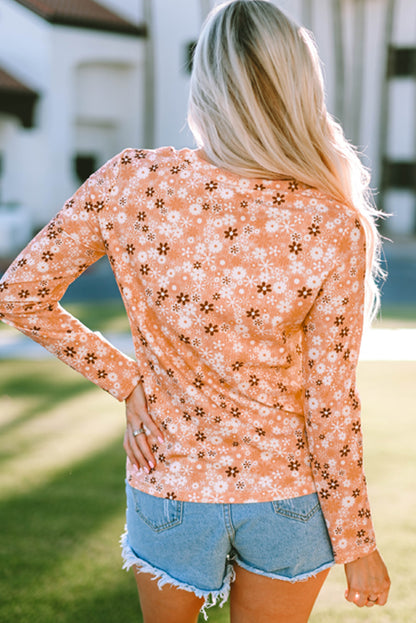 Floral Knit Long Sleeve Top | Orange