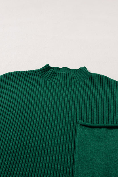 Patch Pocket Ribbed Knit Short Sleeve Sweater | Blackish Green