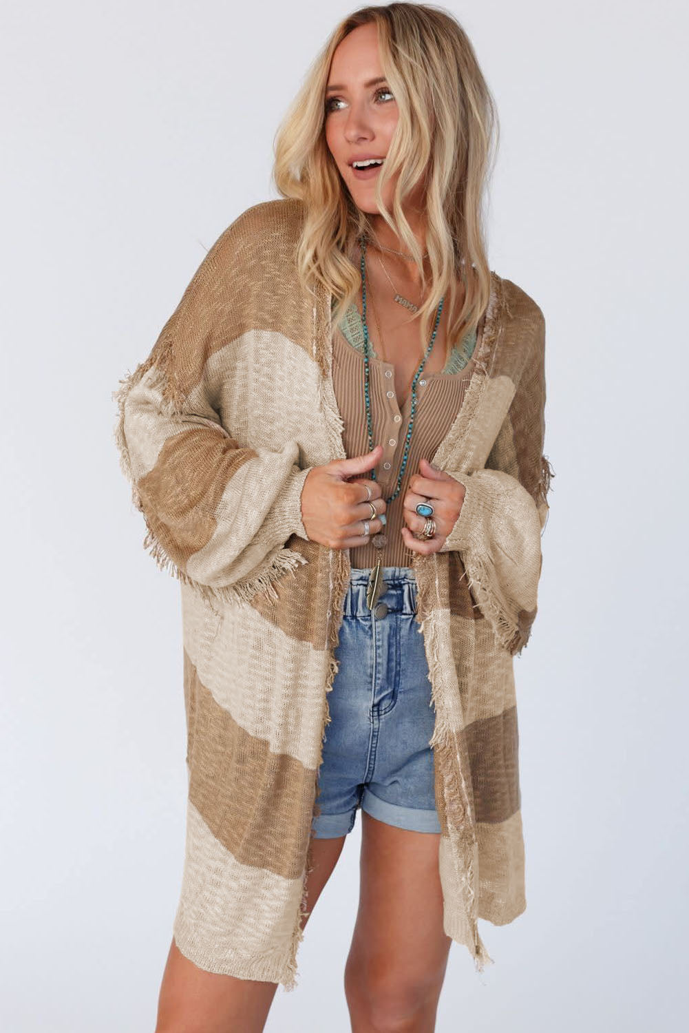 Lantern Sleeve Fringed Open Cardigan | Khaki Stripe