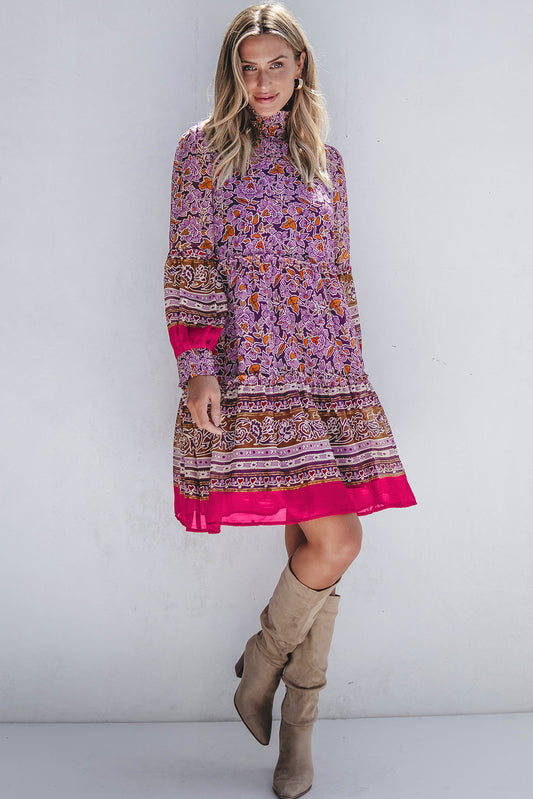 Floral Smocked Puff Sleeve High Neck Mini Dress | Purple