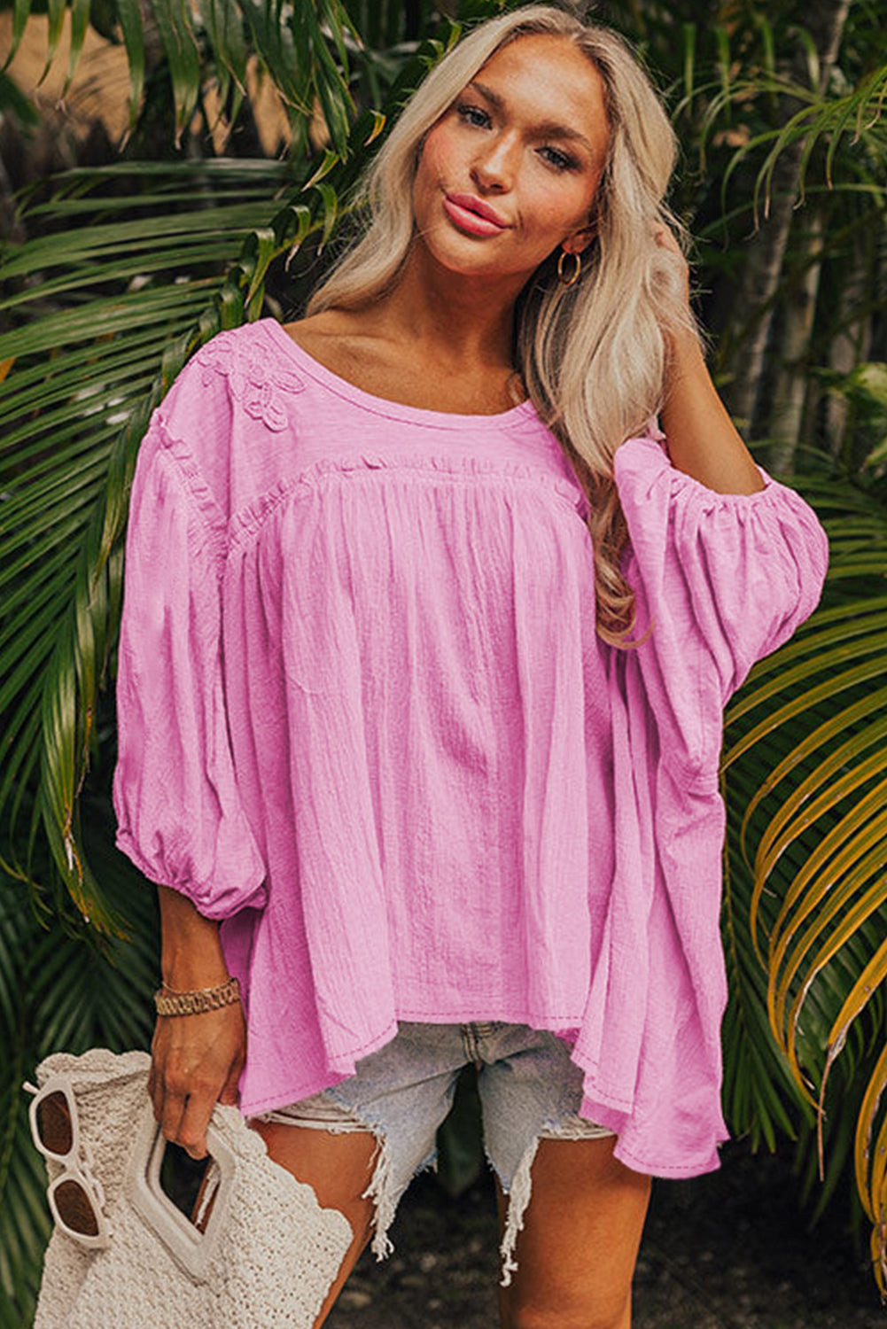 Lace Accent Bracelet Sleeve Babydoll Blouse | Pink