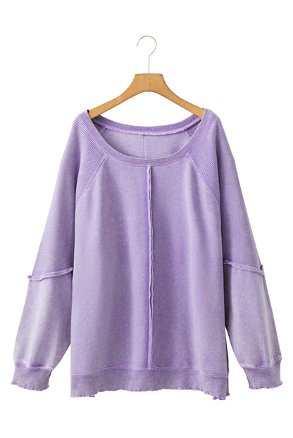 Textured Patchwork Frilled Trim Plus Size Pullover Sweatshirt | Orchid Petal