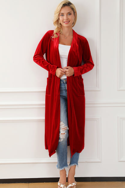 Fiery  Velvet Open Front Pocketed Long Duster | Red