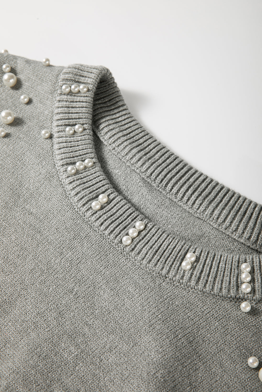 Pearled Drop Shoulder Round Neck Sweater | Light Grey