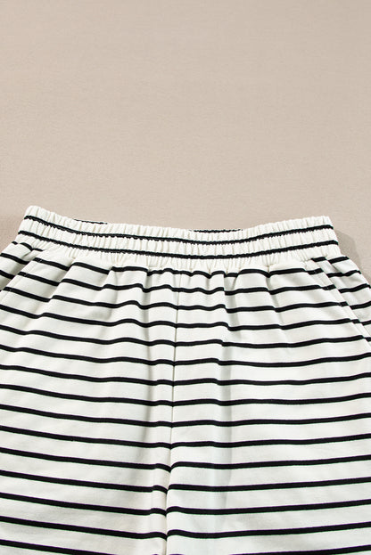 Black White Stripes Printed Half Button Long Sleeve Top And Shorts Set | Black white