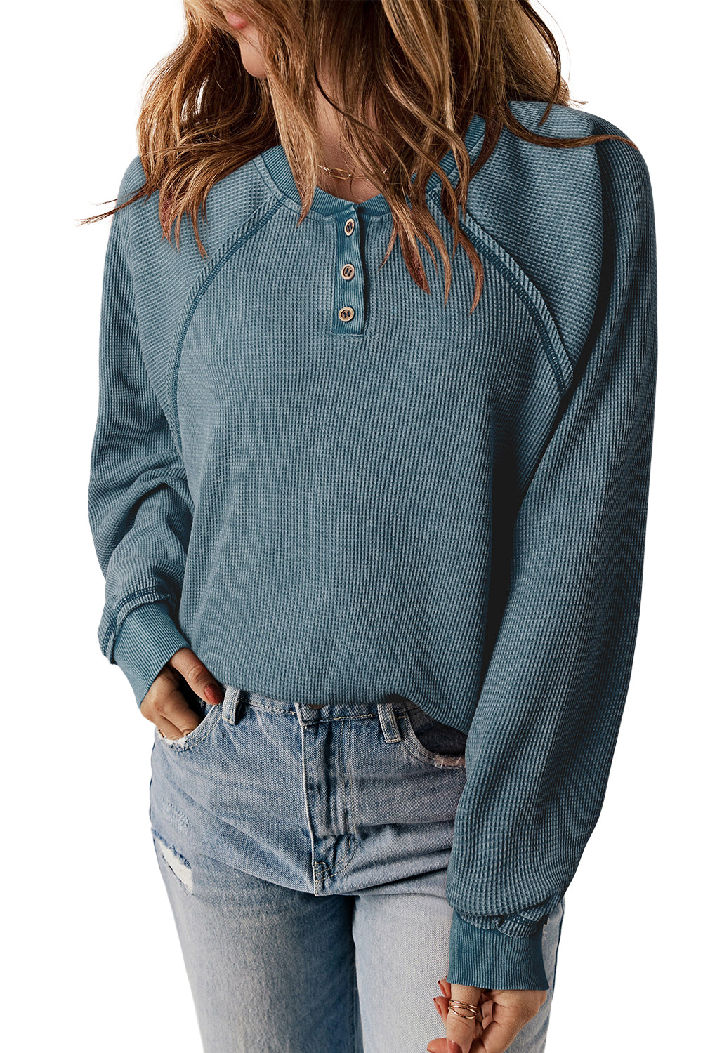 Waffle Knit Raglan Sleeve Henley Sweatshirt | Sea Green