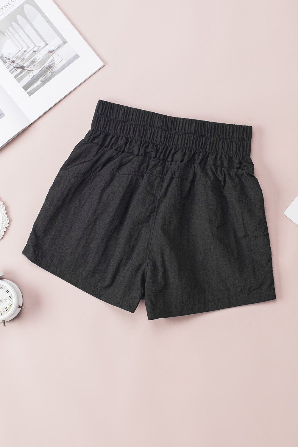 Elastic High Waist Side Pockets Shorts | Black