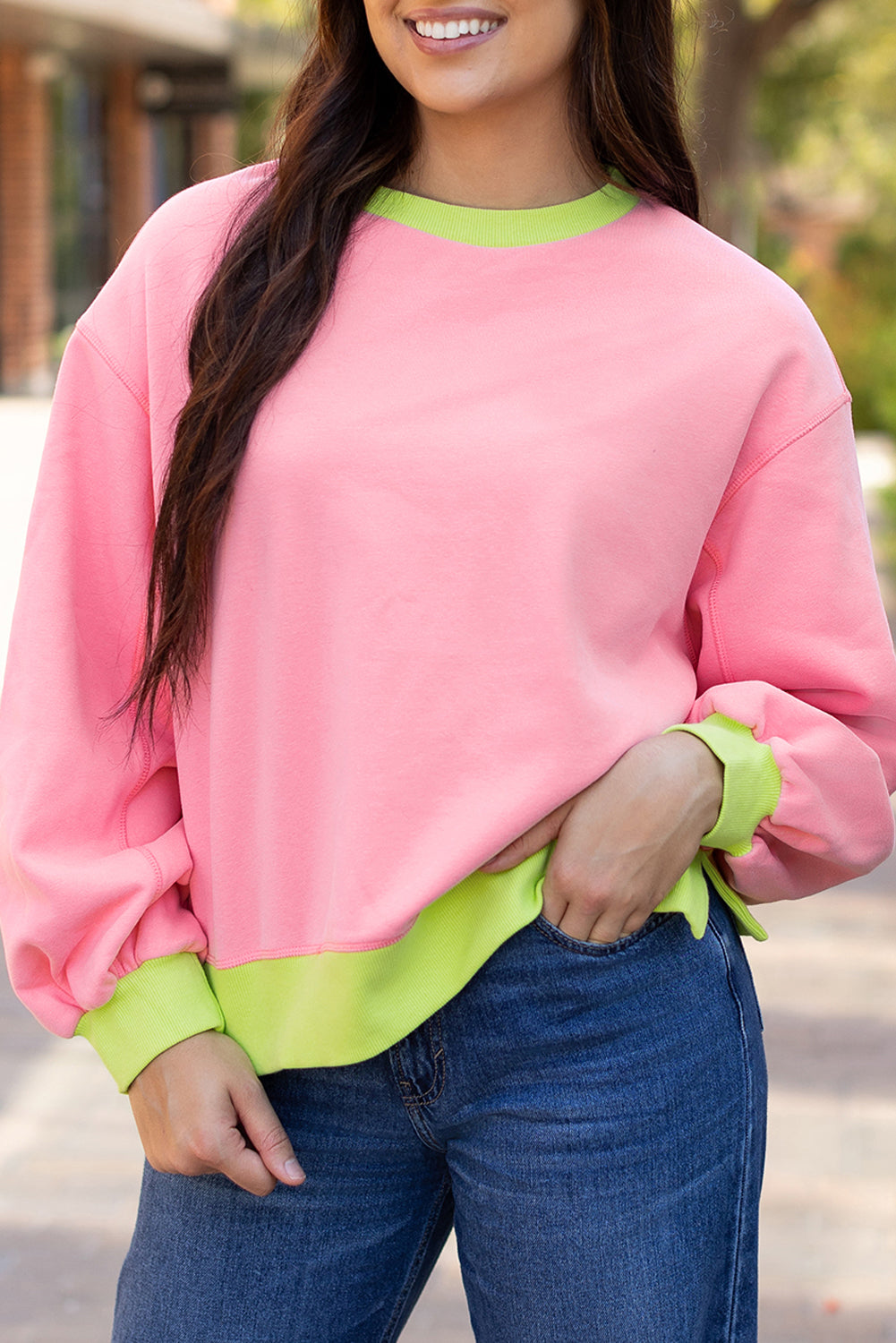 Colourblock Bubble Sleeve Sweatshirt | Pink