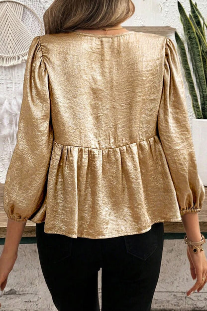 Bow Tie Front Puff 3/4 Sleeve Ruffle Hem Blouse | Gold