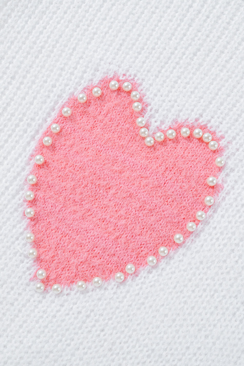 Pearl Beaded Heart Pattern Fuzzy V Neck Sweater | White